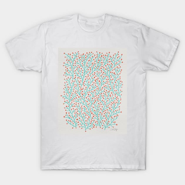 Berry Branches - Red Turquoise T-Shirt by CatCoq